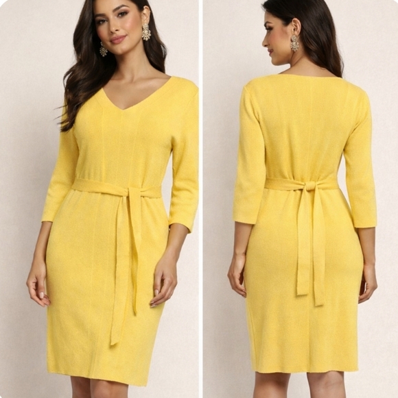 Adianna Papell | Yellow Knit Crepe V Neck Dress - Picture 2 of 5